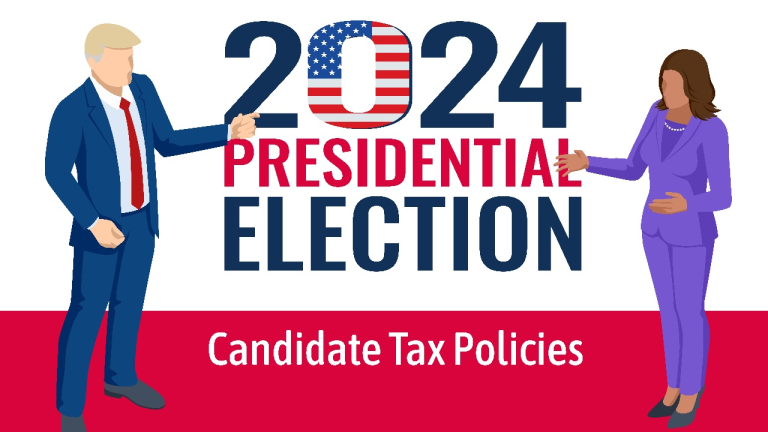 Illustration of two candidates gesturing during a debate under a 2024 Presidential Election banner, with ‘Candidate Tax Policies’ written below.